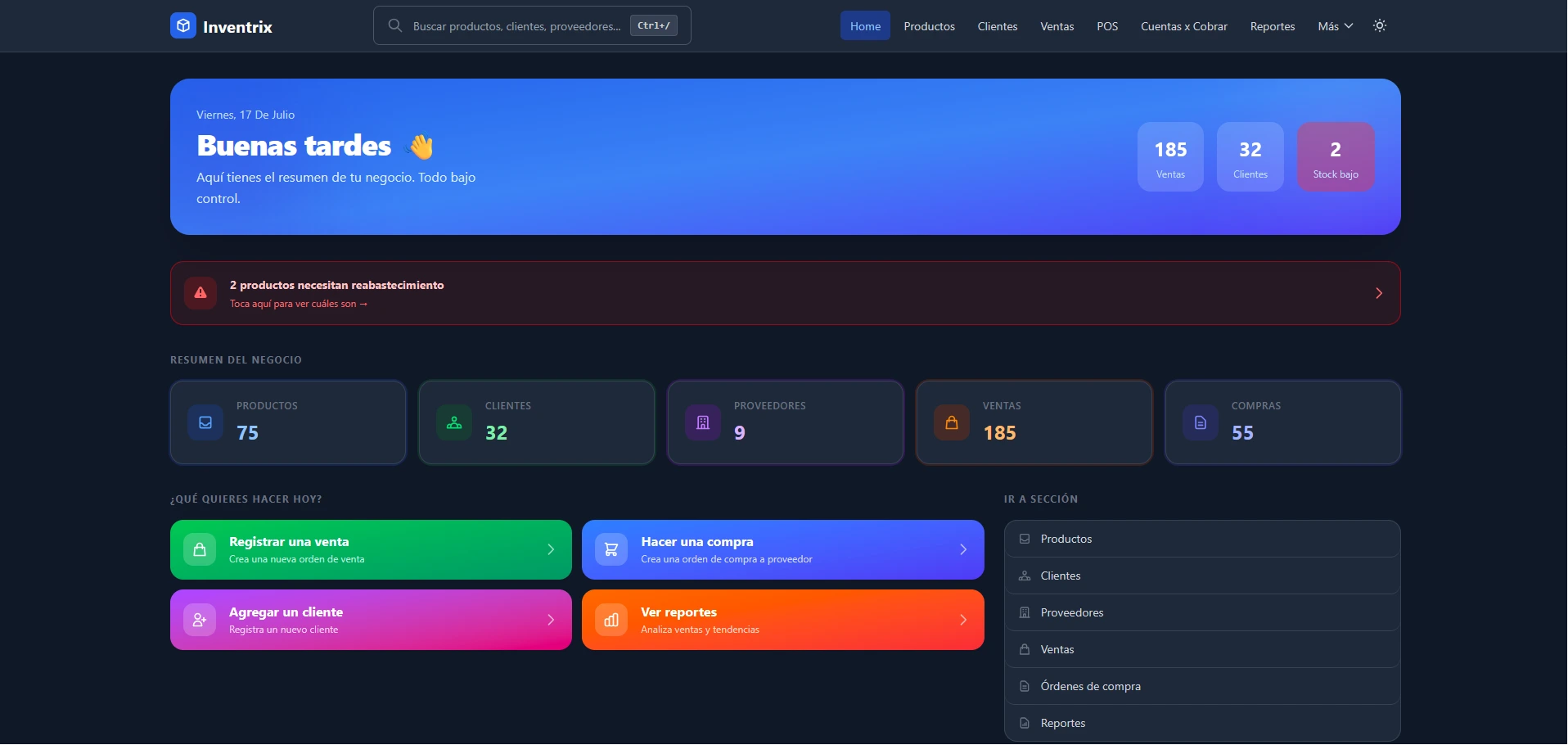 Dashboard de Inventrix mostrando estadísticas en tiempo real