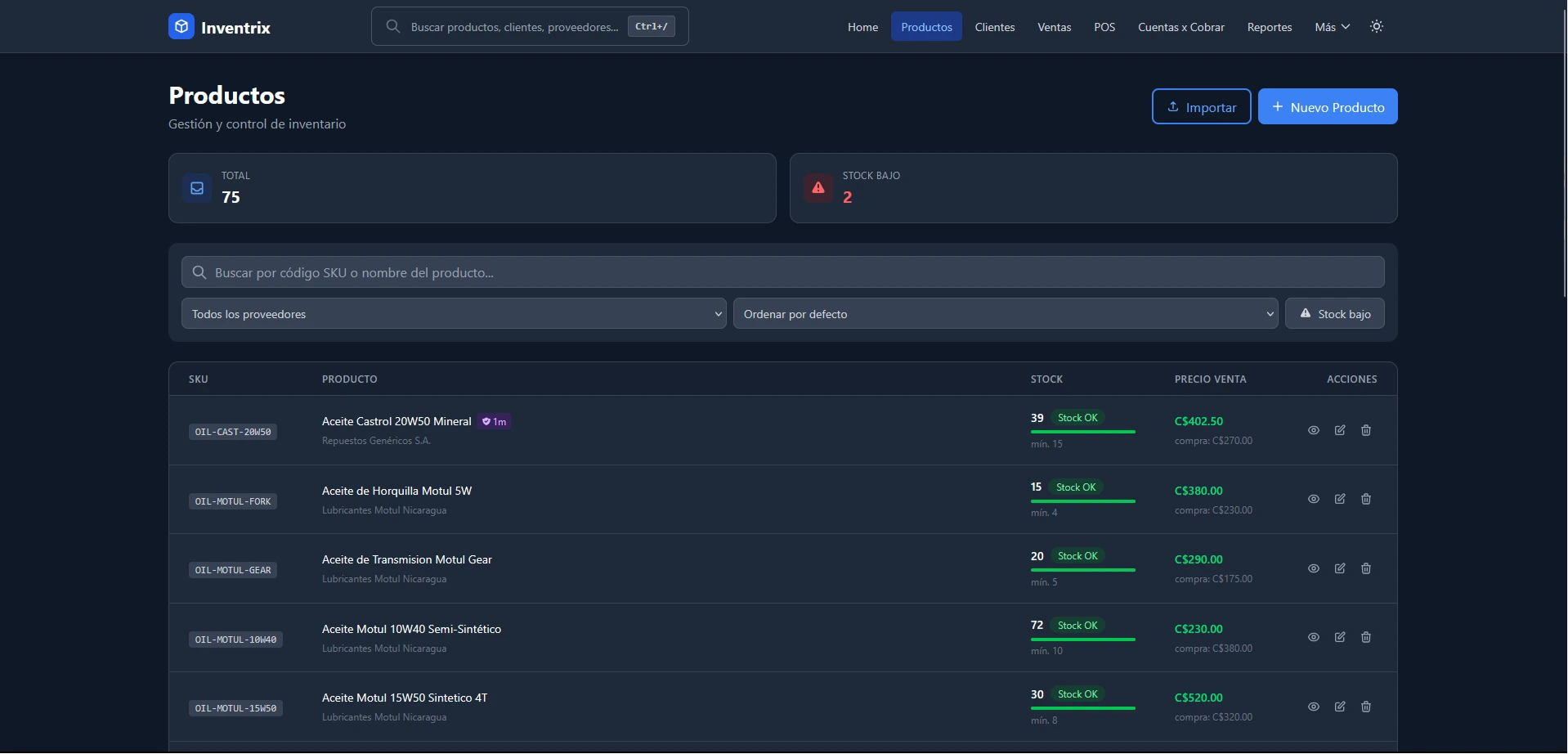 Gestión de productos en Inventrix