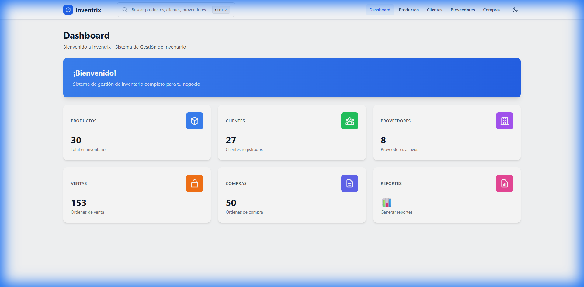 Dashboard de Inventrix mostrando estadísticas en tiempo real