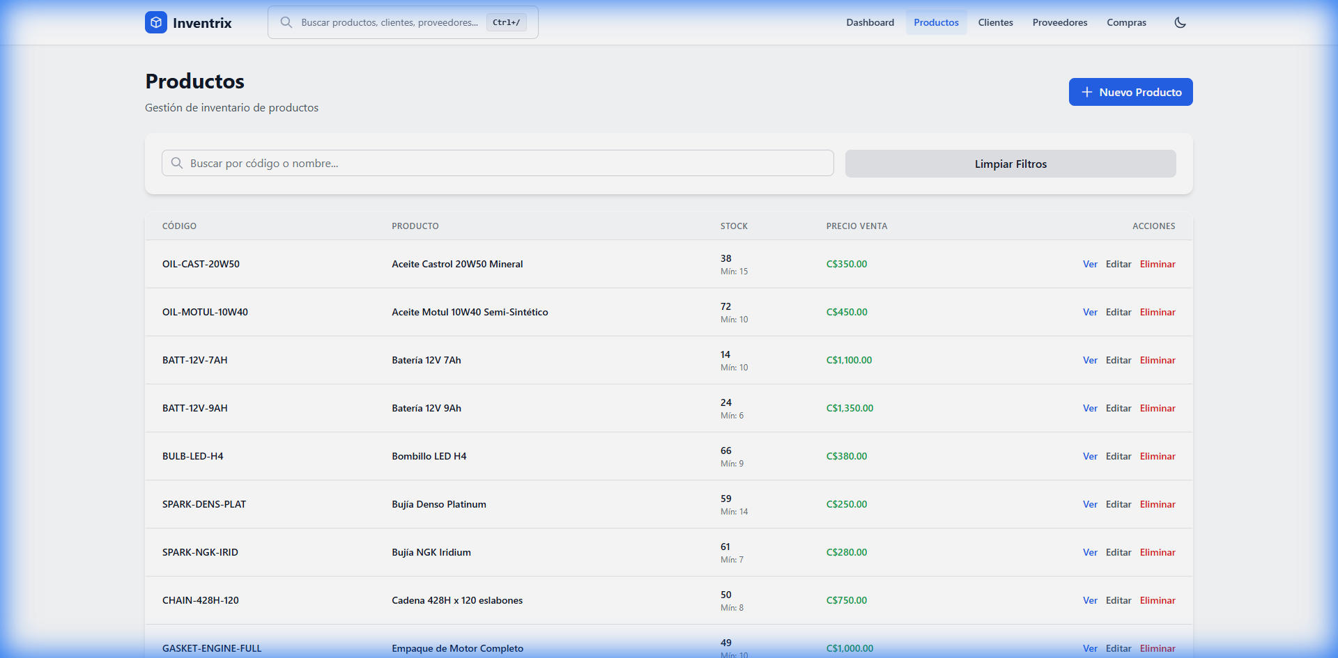 Gestión de productos en Inventrix